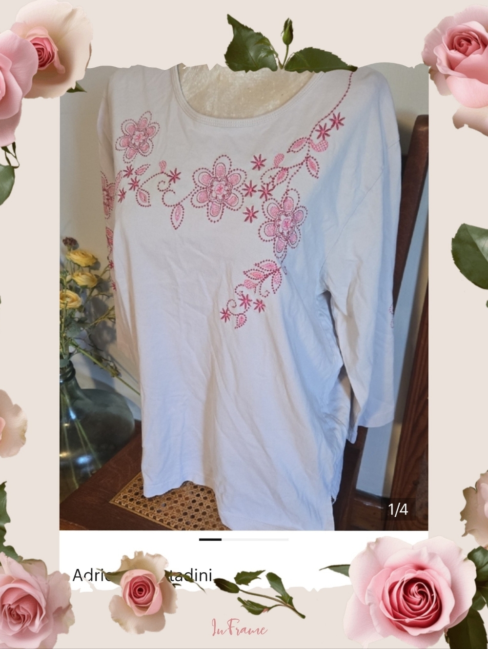 Vintage Women’s Light Gray Floral Embroidered Scoop Neck Top Size Lg